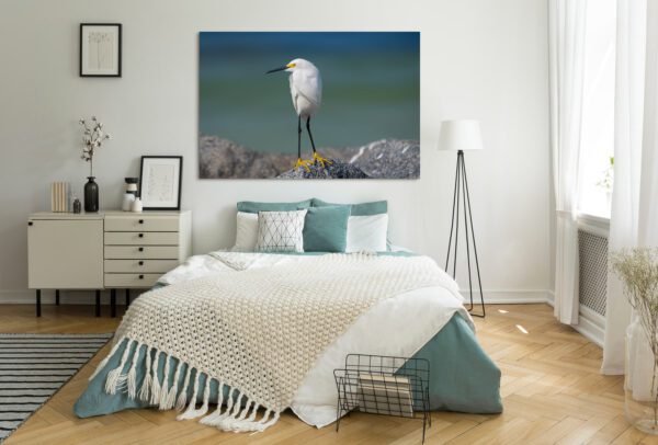 A white bird perched on a Miss Long Legs in a bedroom.