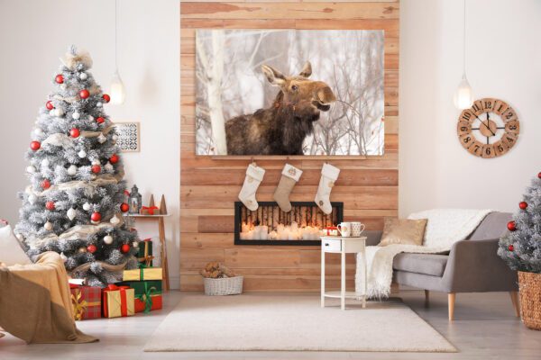 A view of a living room with a photo of a moose on the wall